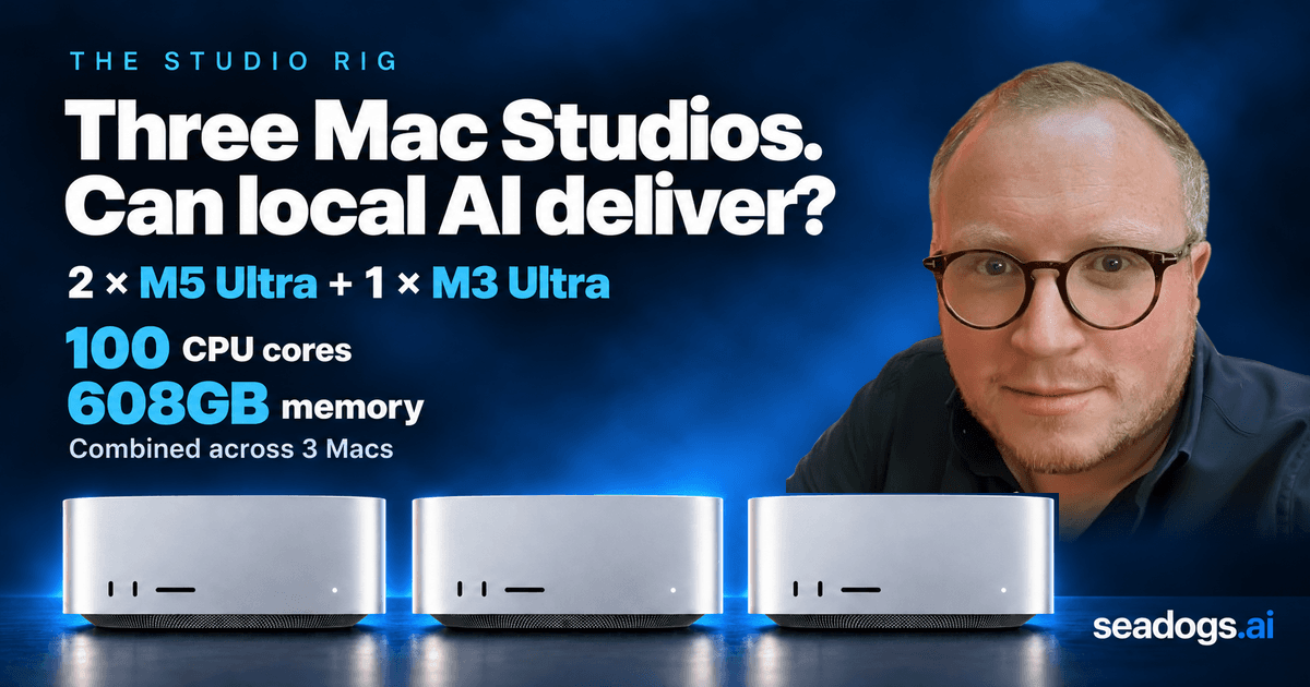 Nick Lawton and three Mac Studios in artwork for the local AI coding trial.